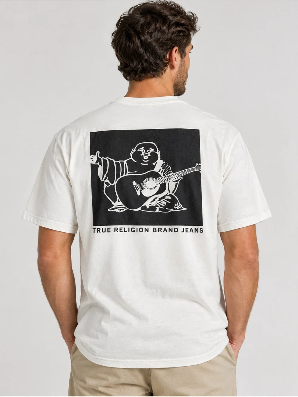 True Religion Men's White T-Shirt Buddha Guitar Back Graphic Crewneck Size L